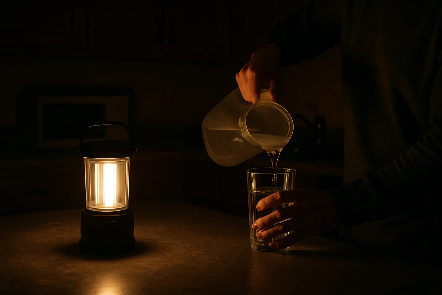A battery powered lantern lighting a dark kitchen counter at night while someone pours a glass of water beside it.