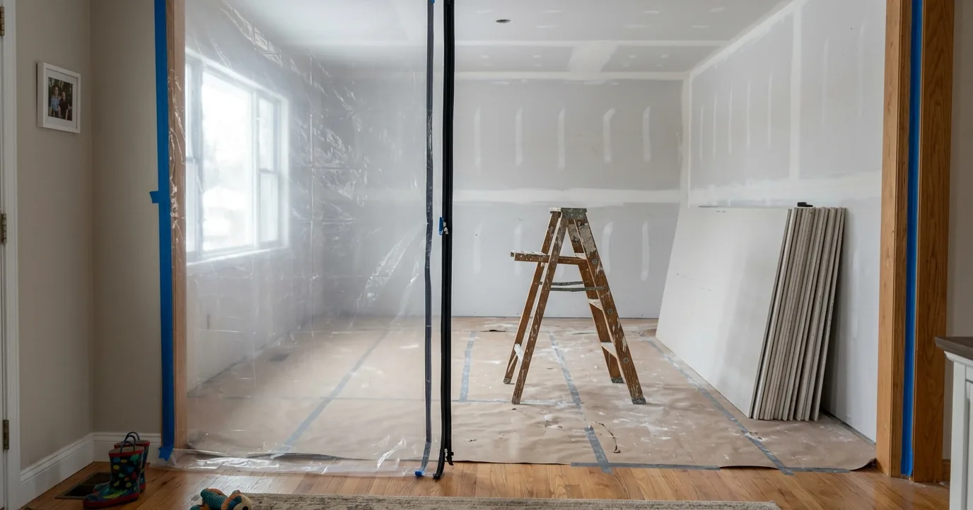 Plastic dust barrier over a doorway during a remodel