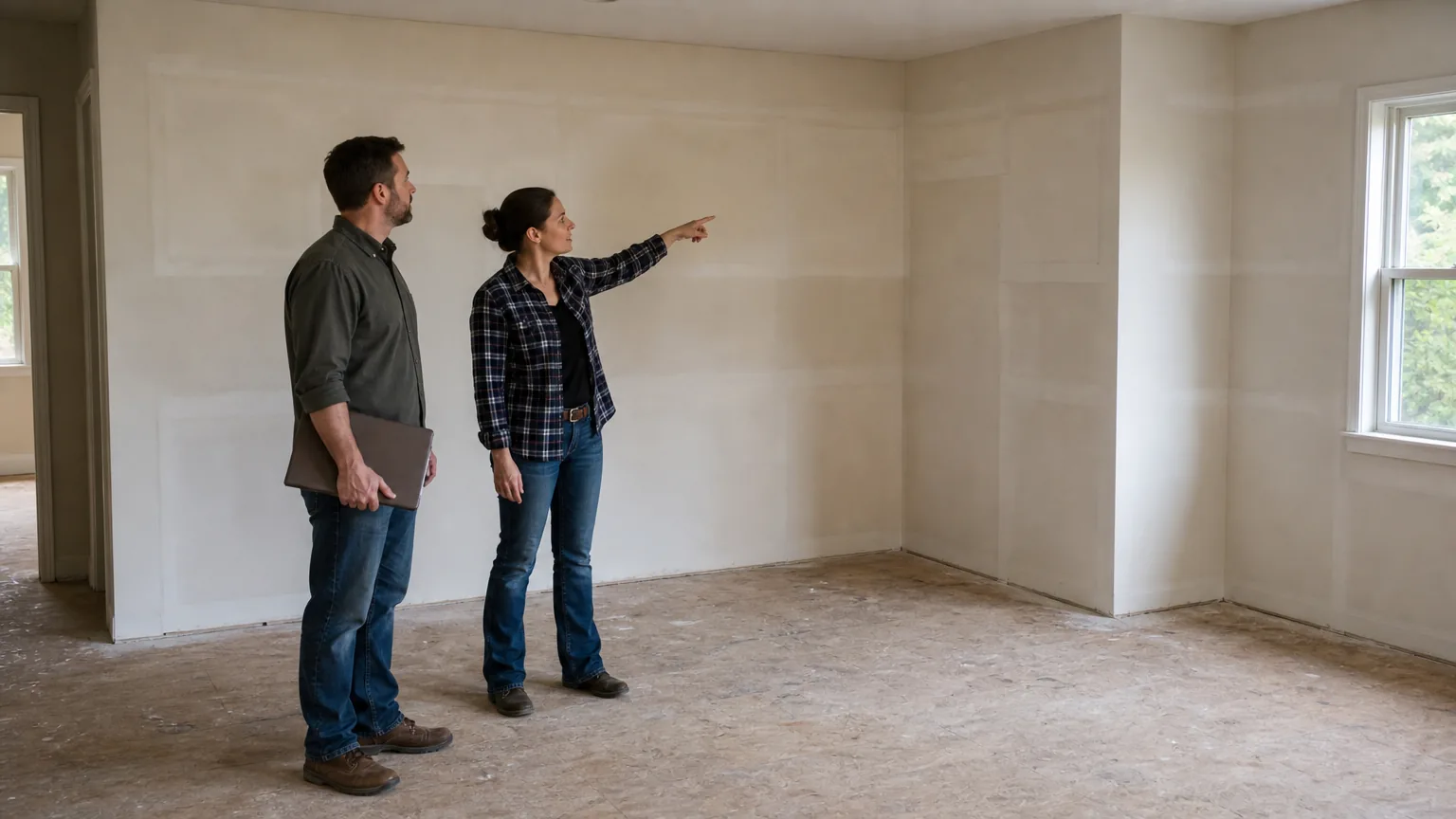 Two people in a gutted room, one pointing at a wall