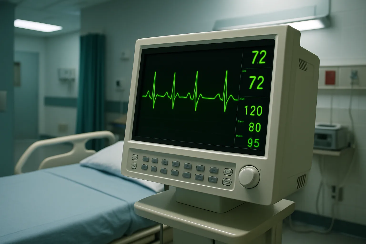 A hospital cardiac monitor beside an emergency room bed displaying a green ECG heartbeat waveform.