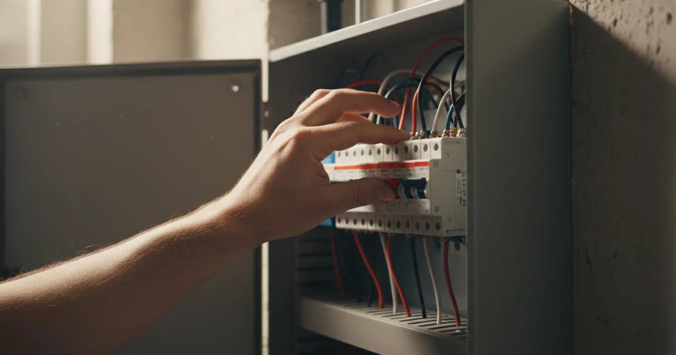 A hand reaching up to switch off a breaker inside an open residential electrical panel to cut power after a shock.