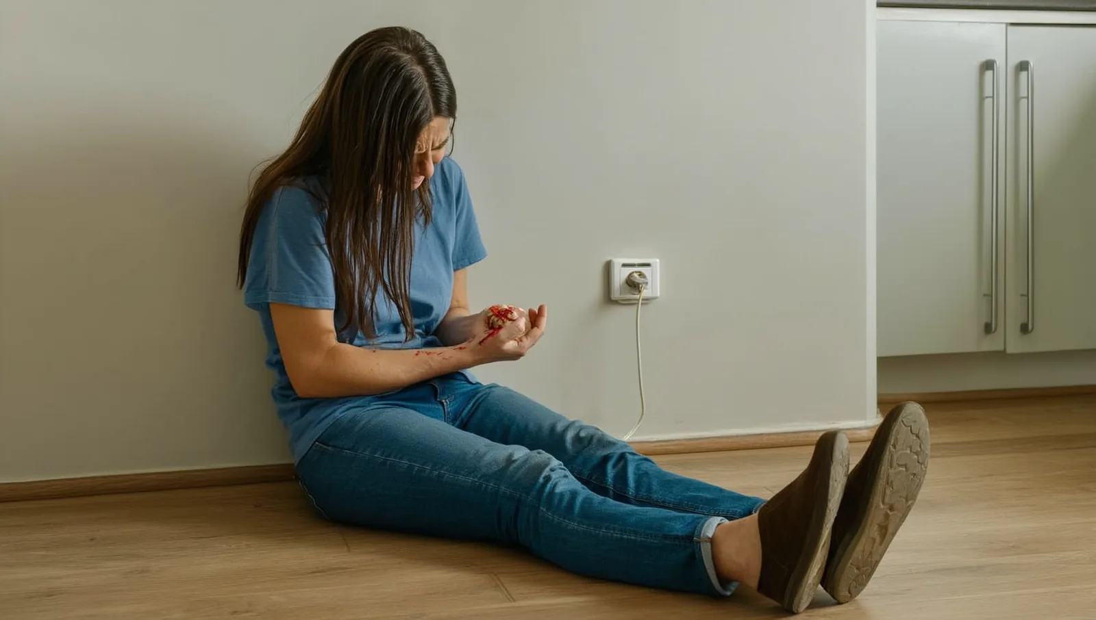 A worried adult sitting on a kitchen floor holding an injured hand and forearm after an electric shock, a wall outlet visible behind them.