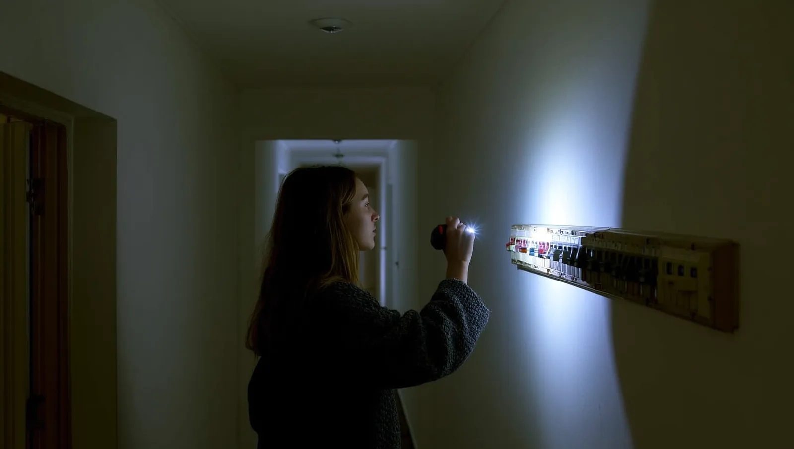 A person shining a flashlight onto an open electrical panel in a dark home hallway.