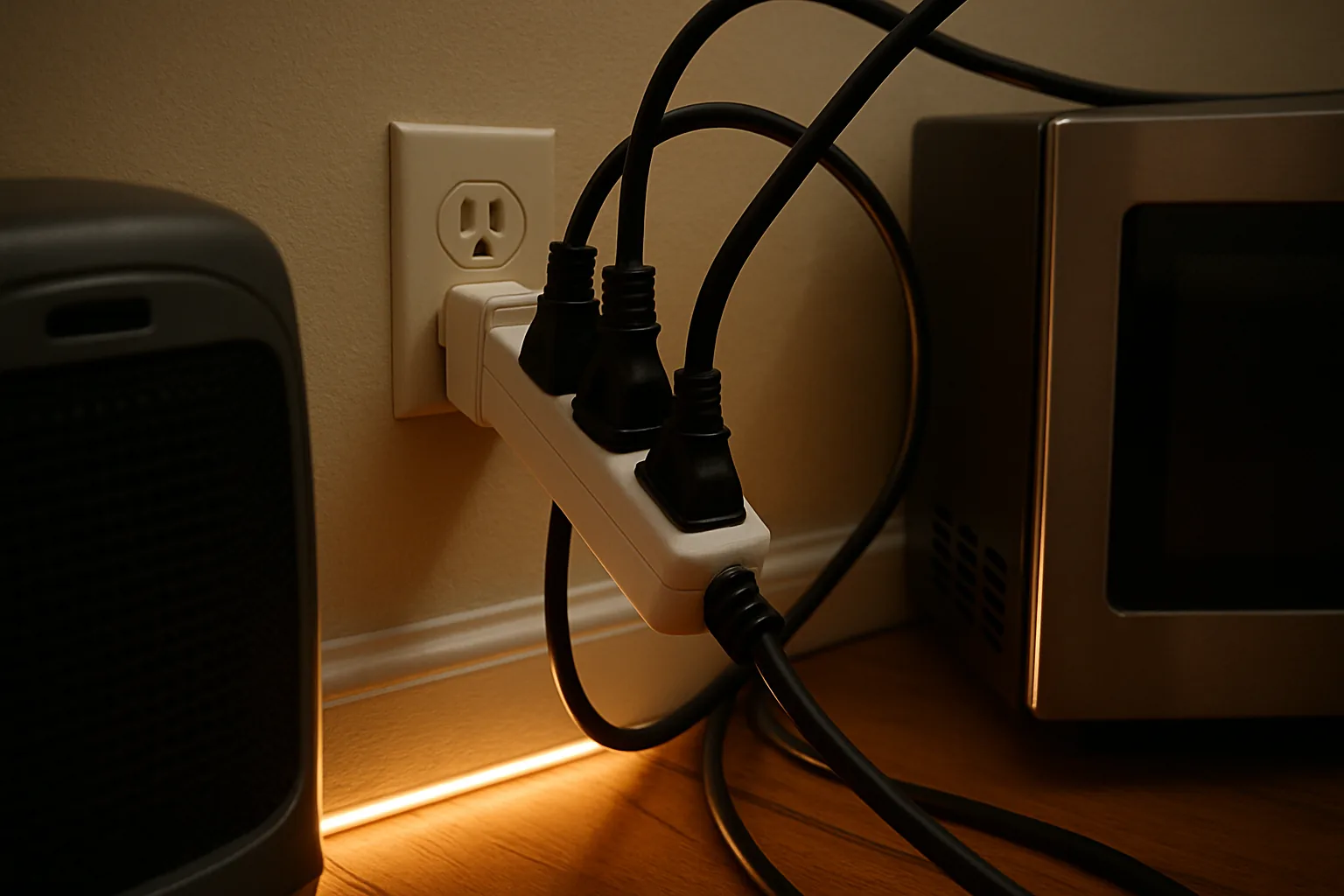 A white power strip overloaded with several appliance plugs beside a space heater and a microwave on a wood floor.