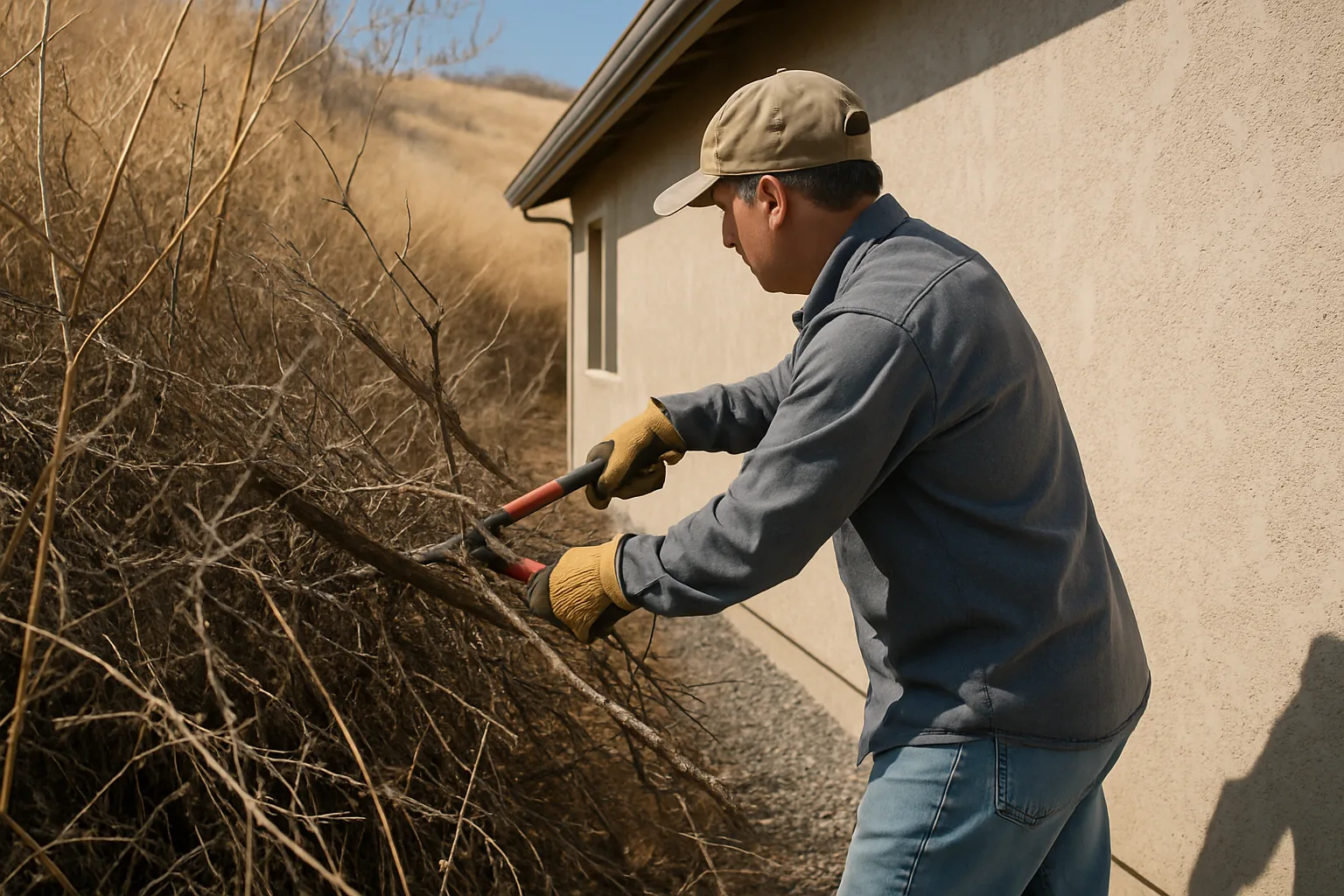 Man in work gloves cutting dry brush beside a house wall