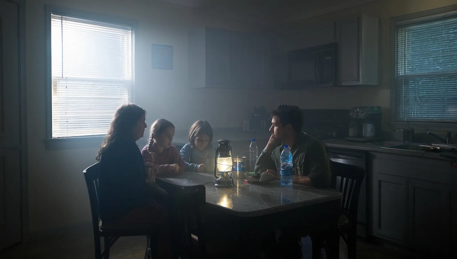 Family sitting around a kitchen table with a lit lantern